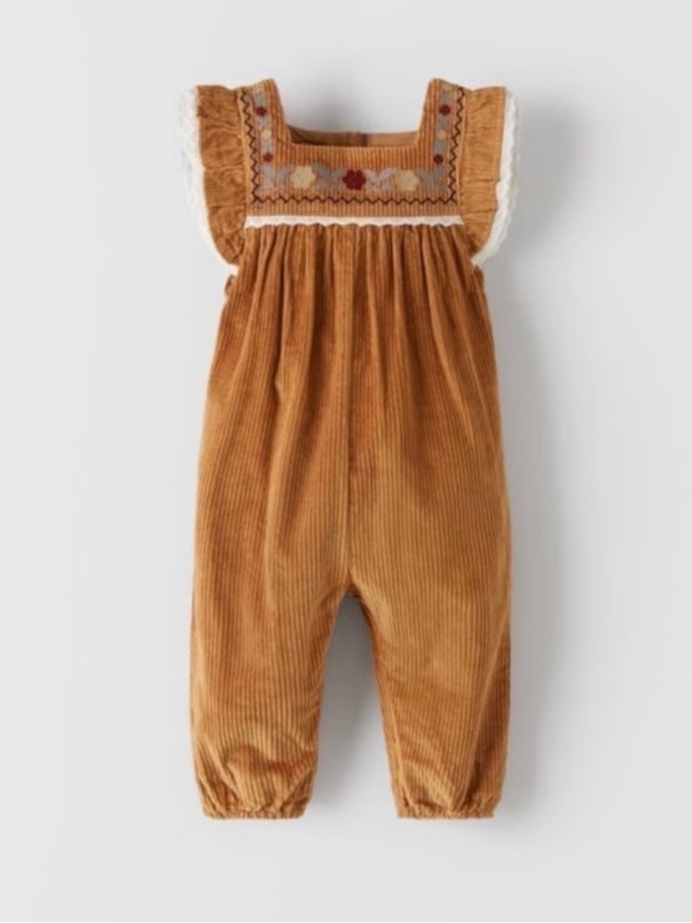 Zara Embroidered Corduroy Jumpsuit 4-5 Years Brown Floral Flutter Sleeve